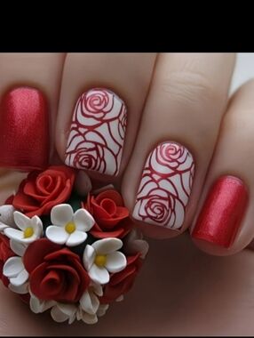 🔥3/$21 Red and White Rose Press On Nail Set